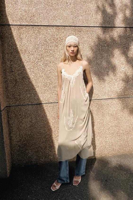 ZW COLLECTION LONG EMBROIDERED DRESS - Grey / Beige by Zara - Image 0