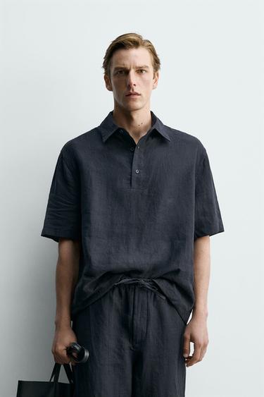BOXY FIT 100% LINEN POLO SHIRT - Dark navy by Zara