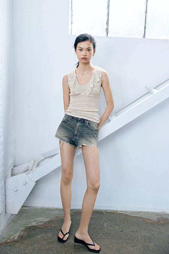 TRF HIGH-WAIST RIPPED DENIM SHORTS - Blue / Grey by Zara - Image 0