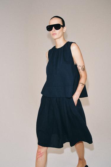 ZW COLLECTION LINEN BLEND MIDI SKIRT - Navy blue by Zara