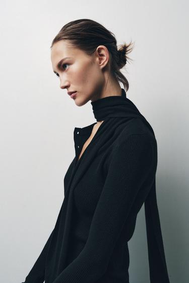 RIB KNIT CARDIGAN WITH SCARF - Black by Zara