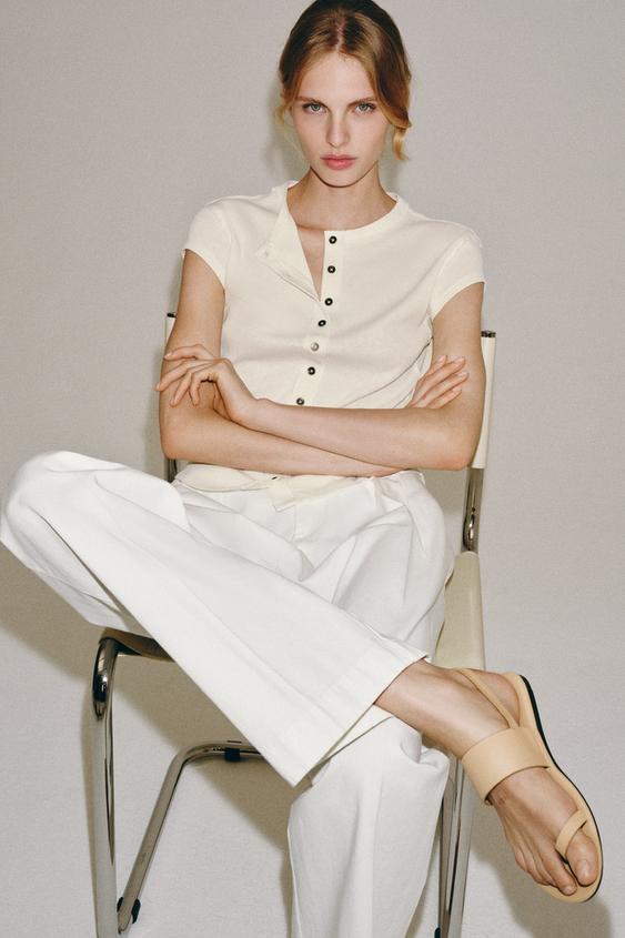 LEATHER FLAT SANDALS - Camel Brown by Zara - Image 0