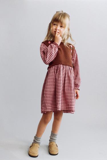 GINGHAM PRINT DRESS WITH EMBROIDERED FLOWERS - Fuchsia by Zara