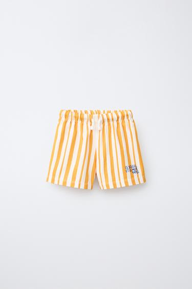 STRIPED BERMUDA SHORTS WITH EMBROIDERED TEXT - Ochre by Zara