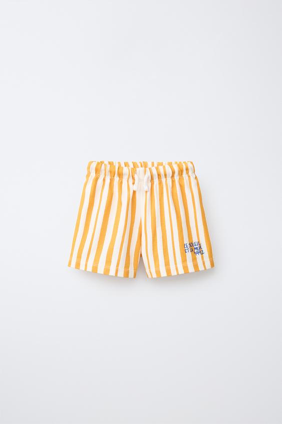 STRIPED BERMUDA SHORTS WITH EMBROIDERED TEXT - Ochre by Zara - Image 0