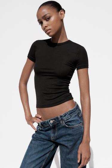 SHORT SLEEVE VISCOSE T-SHIRT - Black by Zara