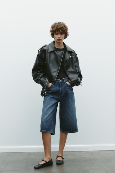 LEATHER EFFECT CROPPED BIKER JACKET - Black by Zara - Image 0