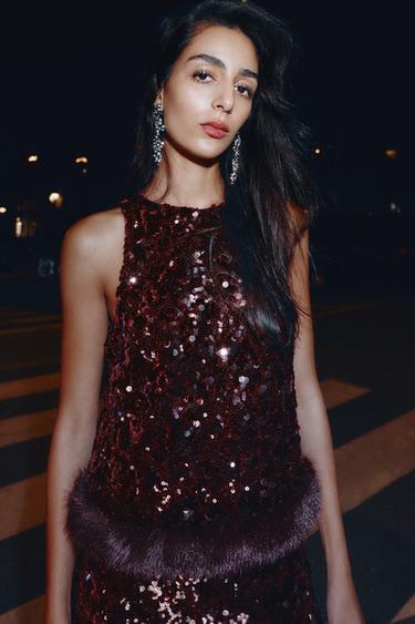 SEQUIN TOP WITH FAUX FUR HEM - GARNET by Zara