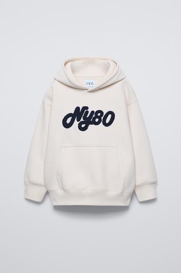 HOODIE WITH TERRY SLOGAN - Ecru by Zara