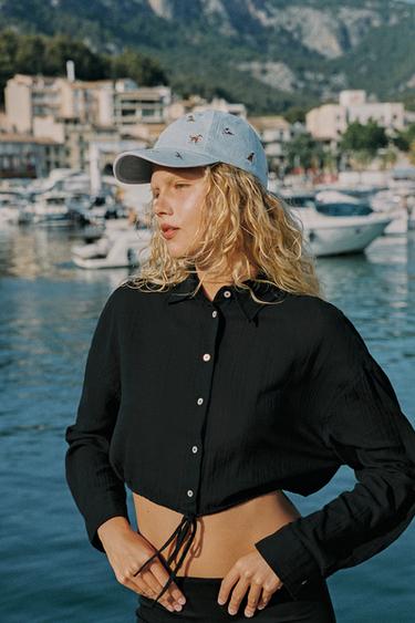 CROPPED CHIFFON SHIRT WITH ADJUSTABLE DRAWSTRING - Black by Zara