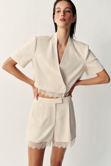 LACE-TRIMMED CROPPED BLAZER - Light beige by Zara