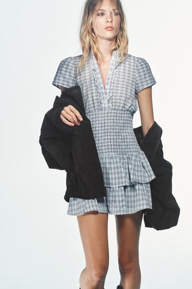 SHORT CHECKED RUFFLED DRESS - Brown-Blue by Zara