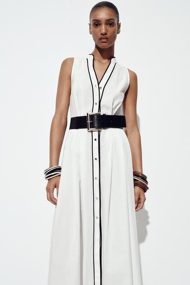 CONTRAST TRIM POPLIN MIDI DRESS - Ecru by Zara