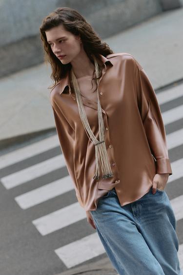 SATIN DROP-SHOULDER SHIRT - Mid-camel by Zara