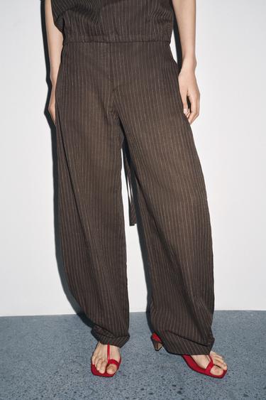 STRIPED LINEN BLEND BALLOON TROUSERS ZW COLLECTION - Brown / Ecru by Zara