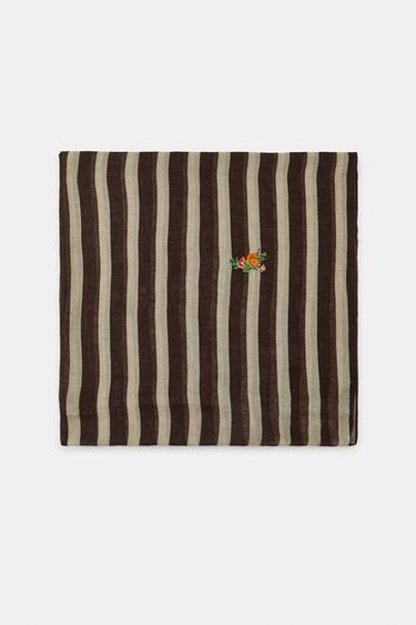 EMBROIDERED STRIPED LINEN SCARF - Beige by Zara