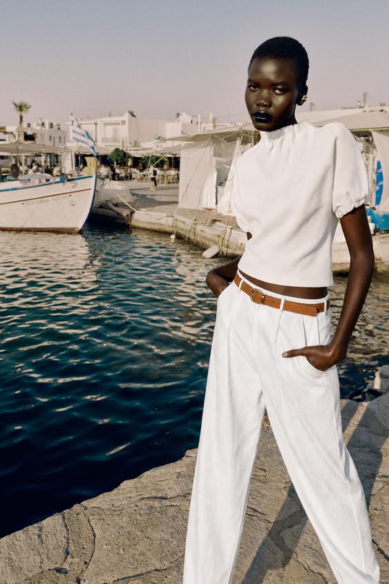 LINEN BLEND BELTED TROUSERS - White by Zara - Image 0