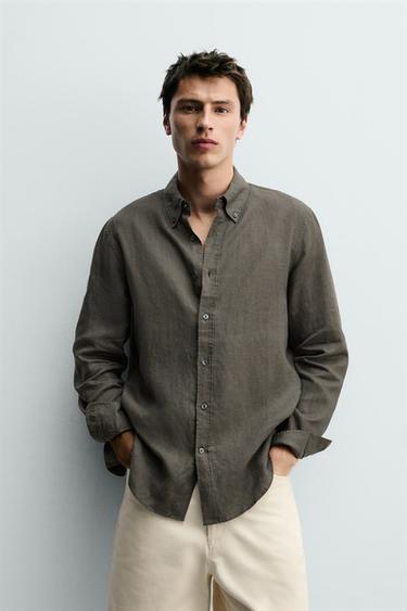 100% LINEN REGULAR FIT SHIRT - Dark khaki by Zara