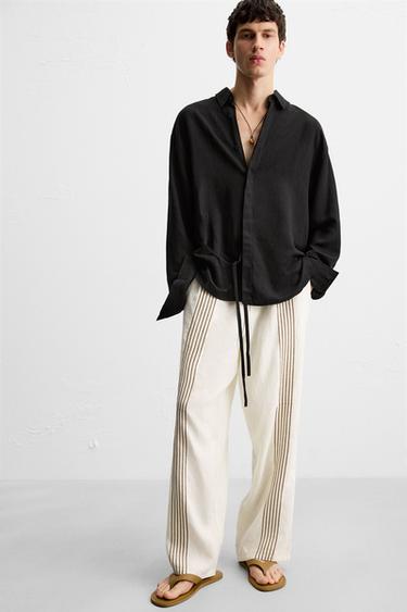 100% LINEN EMBROIDERED TROUSERS - Oyster-white by Zara