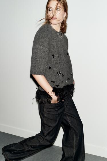 WOOL, SEQUIN AND FEATHER JUMPER - Grey by Zara