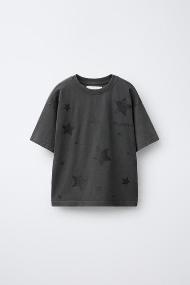 WASHED-EFFECT T-SHIRT WITH GLITTER STARS - Anthracite grey by Zara - Image 0