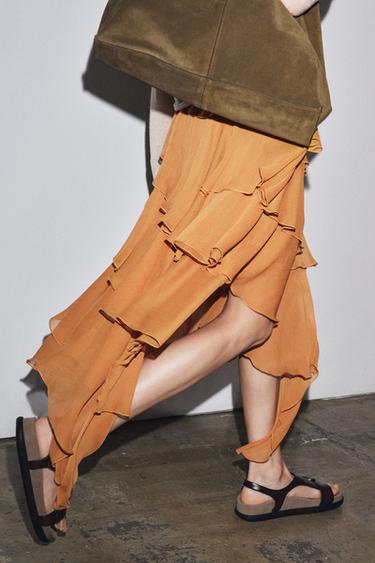 ZW COLLECTION ASYMMETRIC RUFFLE MIDI SKIRT - Orange by Zara