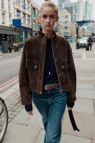 SUEDE LEATHER BOMBER JACKET WITH POCKETS - Brown marl by Zara - Image 0
