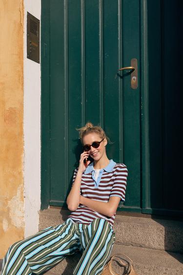 STRIPED KNIT POLO SHIRT - Blue/White by Zara