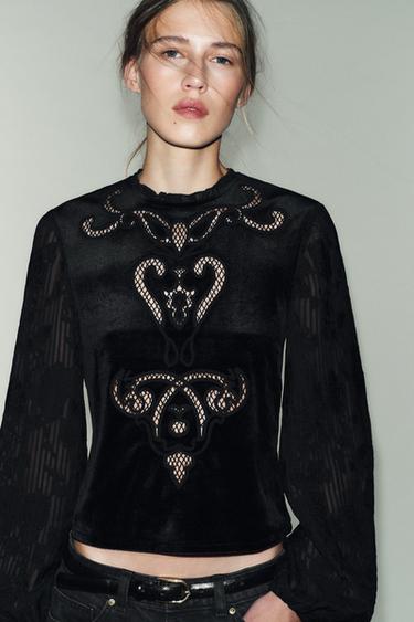 EMBROIDERED VELVET TOP - Black by Zara