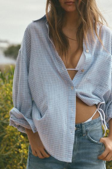 OVERSIZE GAUZE SHIRT WITH POCKET - Ecru / Blue by Zara