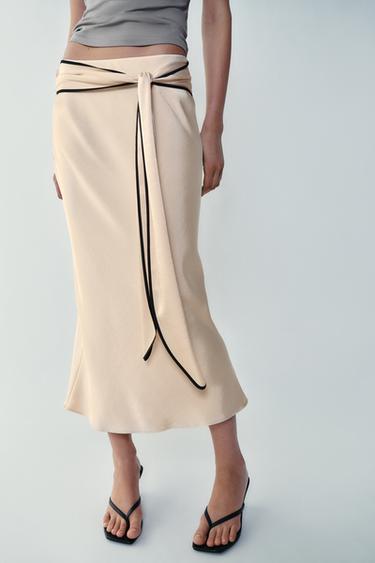 SATIN MIDI KNOT SKIRT - Ecru by Zara