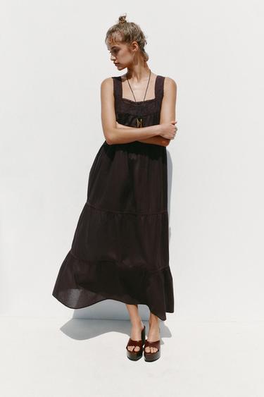 EMBROIDERED DRESS WITH LACE TRIM - Brown by Zara - Image 0
