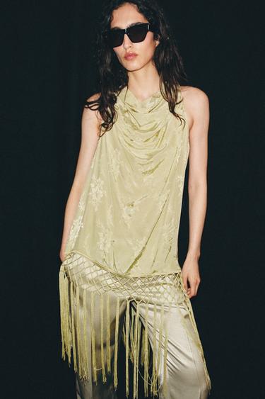 ZW COLLECTION JACQUARD FRINGED TOP - Lime by Zara