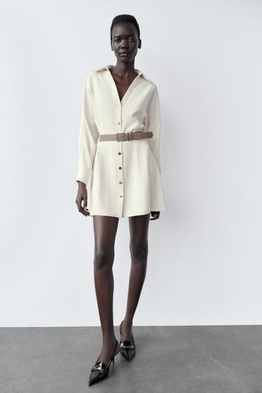 BELTED CREPE MINI DRESS - Ecru by Zara - Image 0