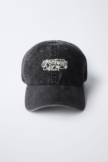 WASHED-EFFECT CAP WITH EMBROIDERED TEXT - Black by Zara