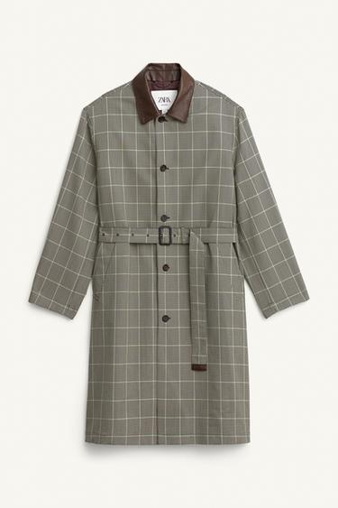 LIMITED EDITION CHECK TRENCH COAT WITH LEATHER DETAIL - Black / Green by Zara
