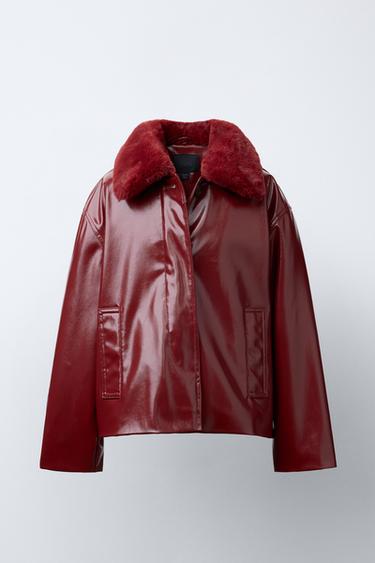 PATENT FAUX FUR COLLAR JACKET - Burgundy by Zara - Image 0