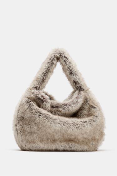 MAXI FAUX FUR BUCKET BAG - Taupe Grey by Zara