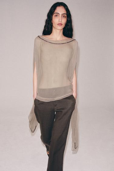 LONG 100% VISCOSE SHIMMER CAPE - Brown / Taupe by Zara