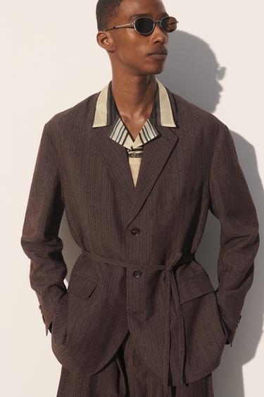 STRIPED VISCOSE/LINEN SUIT BLAZER - Dark brown by Zara