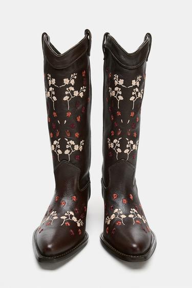 LEATHER COWBOY BOOTS WITH FLOWERS - Brown by Zara