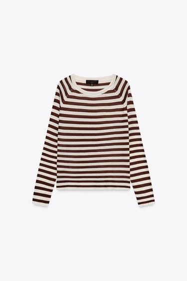FINE KNIT STRIPED SWEATER - Ecru / Brown by Zara
