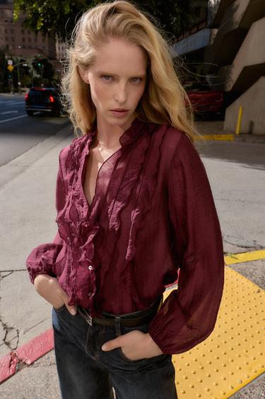 RUFFLED BLOUSE - Burgundy by Zara