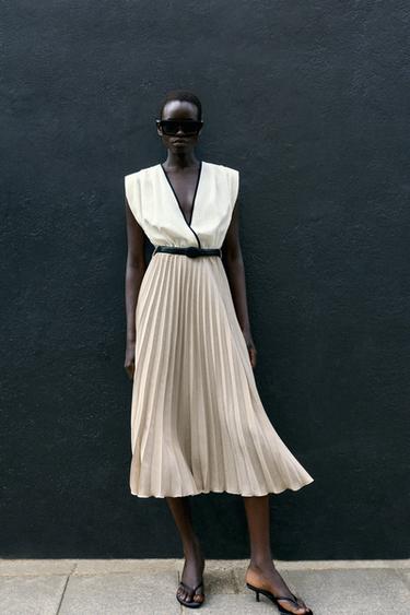 COMBINED PLEATED MIDI DRESS - Beige by Zara