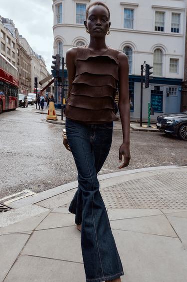 SATIN TOP WITH RUFFLES - Brown by Zara