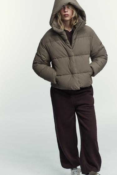 SHORT RUBBERISED WINDPROOF DOWN PUFFER JACKET - Brown / Taupe by Zara