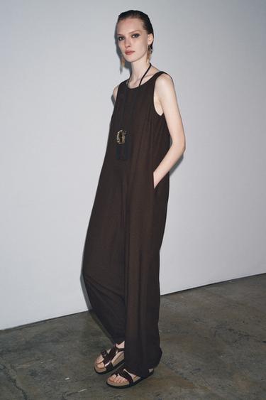 ZW COLLECTION LINEN BLEND LONG JUMPSUIT - Brown by Zara - Image 0
