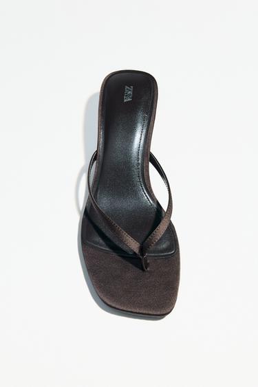 SATIN KITTEN-HEEL SANDALS - Brown by Zara