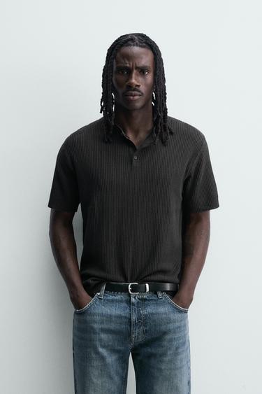WASHED KNIT HENLEY T-SHIRT - Black by Zara