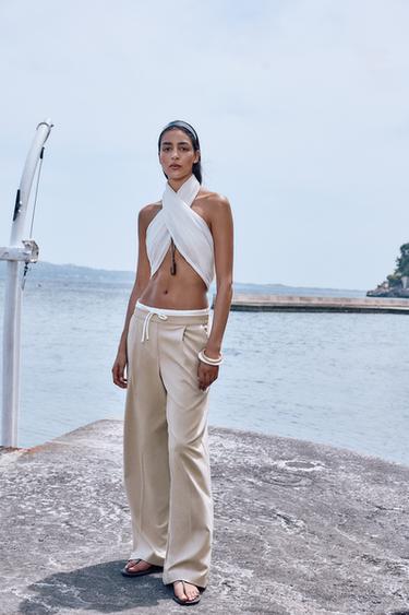 WIDE-LEG TROUSERS WITH DOUBLE WAISTBAND - Sand by Zara